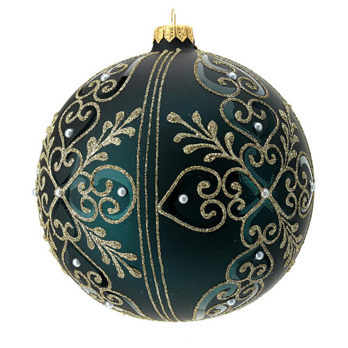 Christmas ball, green blown glass with golden heart pattern, 150 mm 3