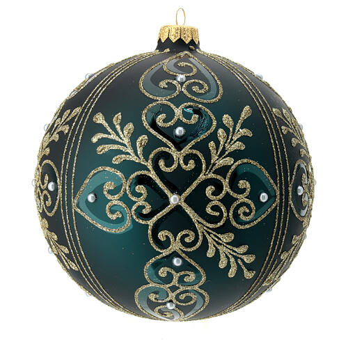 Boule de Noël verre soufflé vert coeurs dorés 150 mm 1