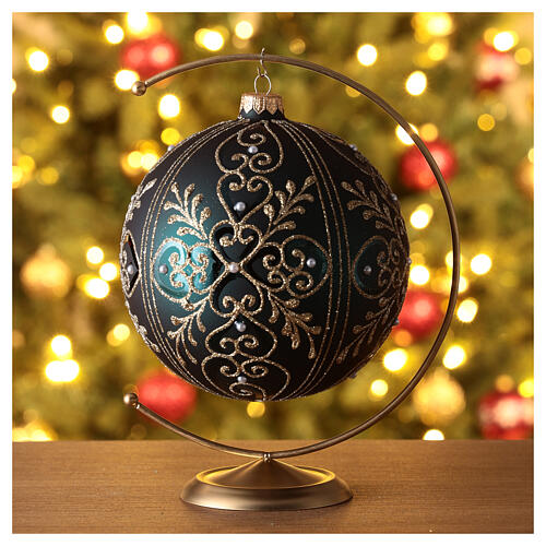 Boule de Noël verre soufflé vert coeurs dorés 150 mm 2