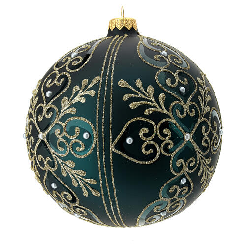 Boule de Noël verre soufflé vert coeurs dorés 150 mm 3