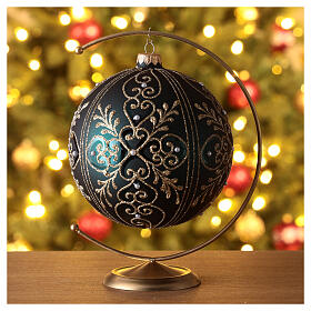 Bola de Natal verde escura vidro soprado corações dourados 150 mm