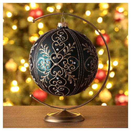 Green Christmas ball in blown glass with gold decorations 150mm 2