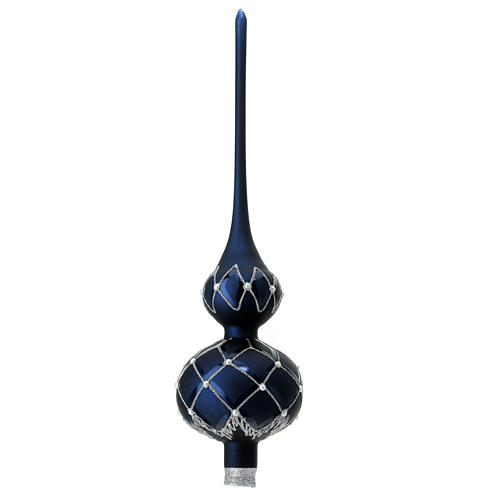 Christmas tree topper, bleu blown glass and silver pattern, 35 cm 1