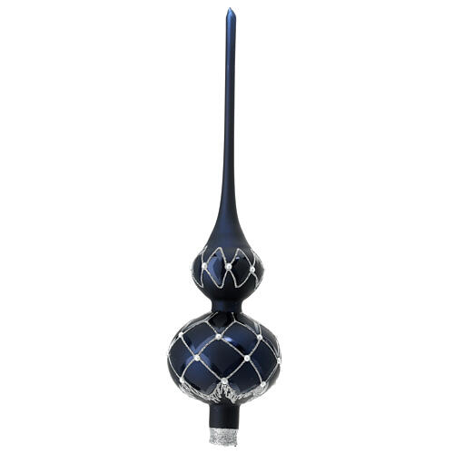 Christmas tree topper, bleu blown glass and silver pattern, 35 cm 2