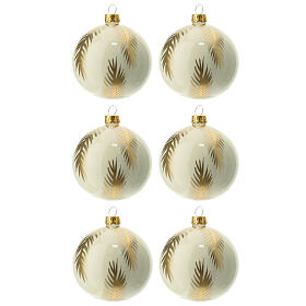 White Christmas balls with golden palm leaves, set of 6, 80 mm, blown glass