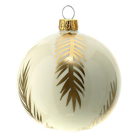 White Christmas balls with golden palm leaves, set of 6, 80 mm, blown glass