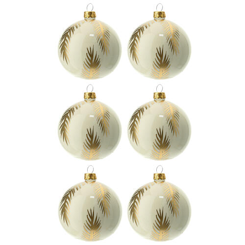 White Christmas balls with golden palm leaves, set of 6, 80 mm, blown glass 1