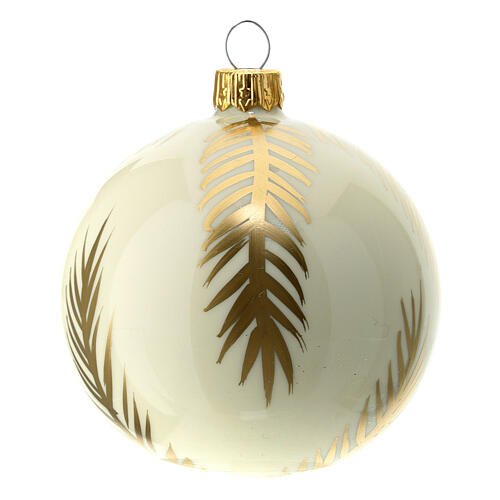 White Christmas balls with golden palm leaves, set of 6, 80 mm, blown glass 2