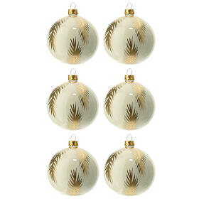 Set 6 Palline di Natale palme bianco oro vetro 80mm