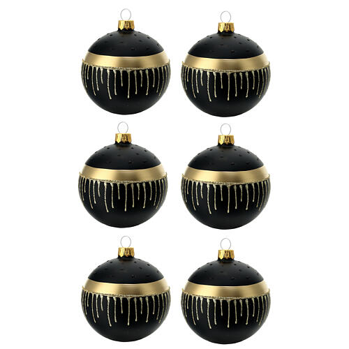 Weihnachtskugeln, 6er-Set, mundgeblasenes Glas, schwarz mit goldenen Tropfen – Ø 80 mm 1