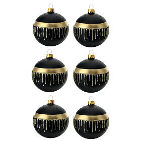 Black Christmas balls with golden drops, set of 6, 80 mm, blown glass