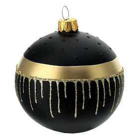 Black Christmas balls with golden drops, set of 6, 80 mm, blown glass