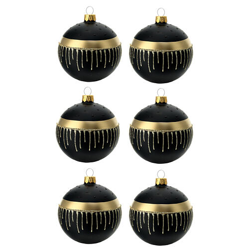 Box of 6 black Christmas balls in blown glass with gold drops 80mm 1