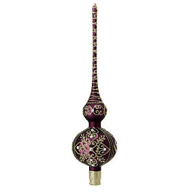 Christmas tree topper, purple blown glass and golden heart pattern, 35 cm