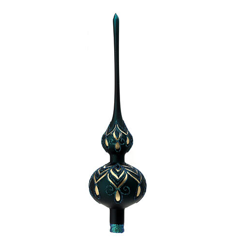 Christmas tree topper, dark green blown glass and golden drop pattern, 35 cm 2
