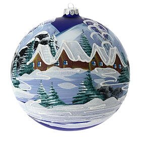 Christmas ball with snowy night landscape, matte blue blown glass, 200 mm