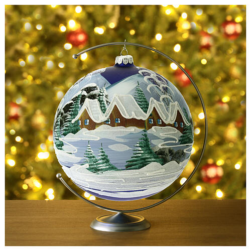 Christmas ball with snowy night landscape, matte blue blown glass, 200 mm 3