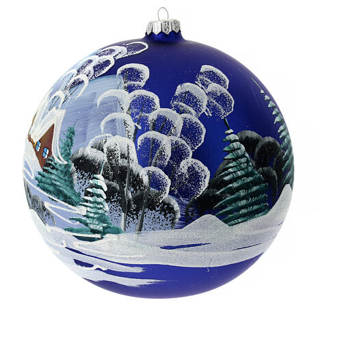 Christmas ball with snowy night landscape, matte blue blown glass, 200 mm 5