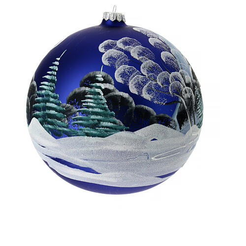 Christmas ball with snowy night landscape, matte blue blown glass, 200 mm 8