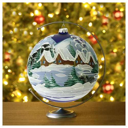 Palla di Natale blu vetro case alberi innevati 200mm 4