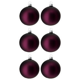 Purple Christmas balls, set of 6, 80 mm, blown glass