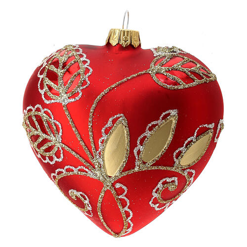 Heart-shaped Christmas ball, matte red blown glass and golden leaves, 100 mm 1