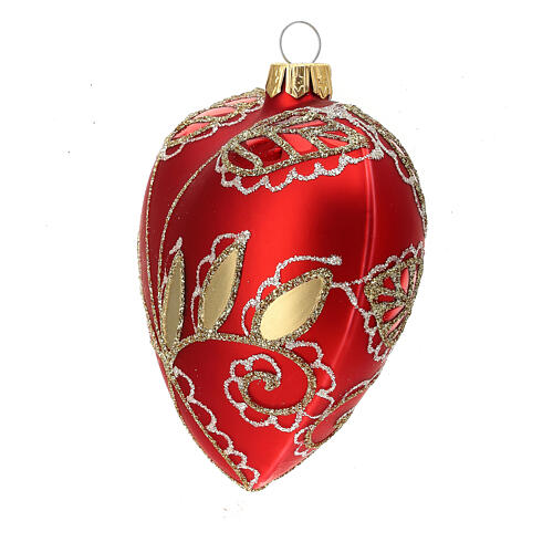 Heart-shaped Christmas ball, matte red blown glass and golden leaves, 100 mm 2