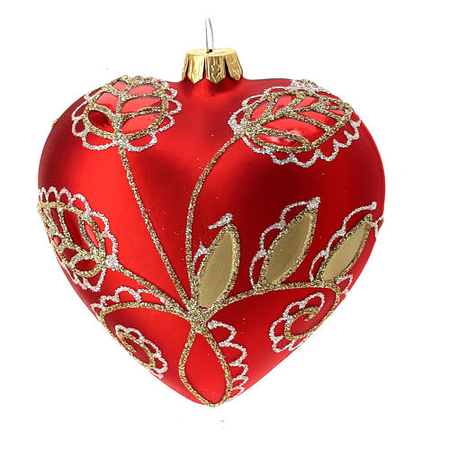 Heart-shaped Christmas ball, matte red blown glass and golden leaves, 100 mm 3