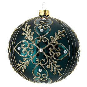 Blown glass Christmas ball, matte dark green and golden heart pattern, 100 mm