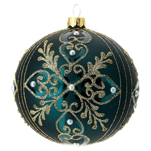 Blown glass Christmas ball, matte dark green and golden heart pattern, 100 mm 1