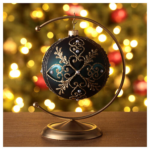Blown glass Christmas ball, matte dark green and golden heart pattern, 100 mm 2