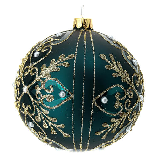 Blown glass Christmas ball, matte dark green and golden heart pattern, 100 mm 3