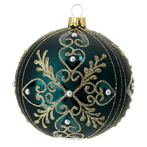 Blown glass Christmas ball, matte dark green and golden heart pattern, 100 mm 4