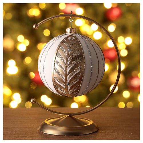 Bola vidro soprado árvore de Natal branca e ouro 100 mm 2