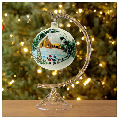 Blown glass Christmas ball, matte white, landscape and children, 150 mm 4