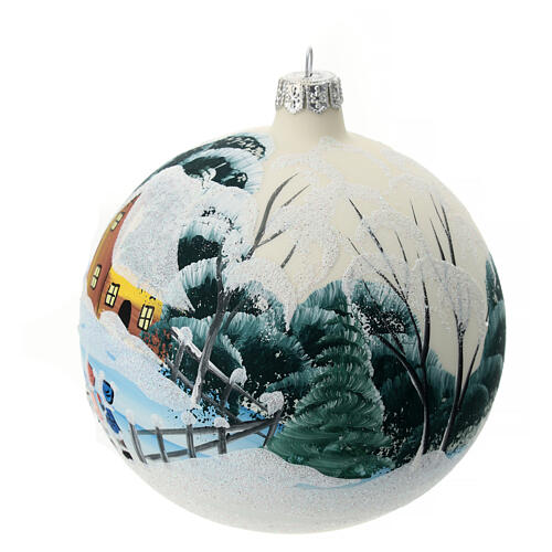 Blown glass Christmas ball, matte white, landscape and children, 150 mm 3