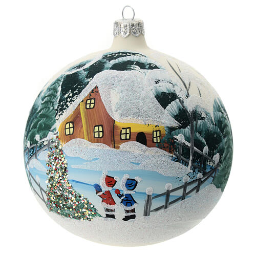 Boule de Noël blanche enfants dans paysage enneigé verre soufflé 150 mm 2