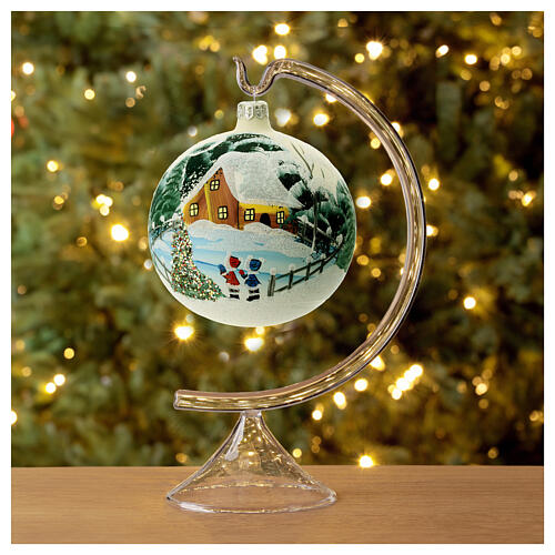 Bola de Natal de vidro branco cenário nevado 150 mm 2