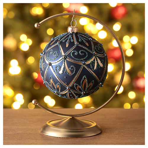 Blown glass Christmas ball, matte blue and gold, 100 mm 2