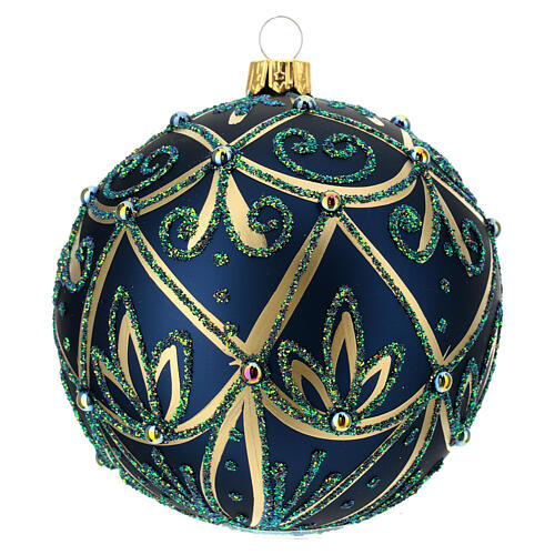 Bola vidro soprado árvore de Natal azul, verde e ouro 100 mm 1