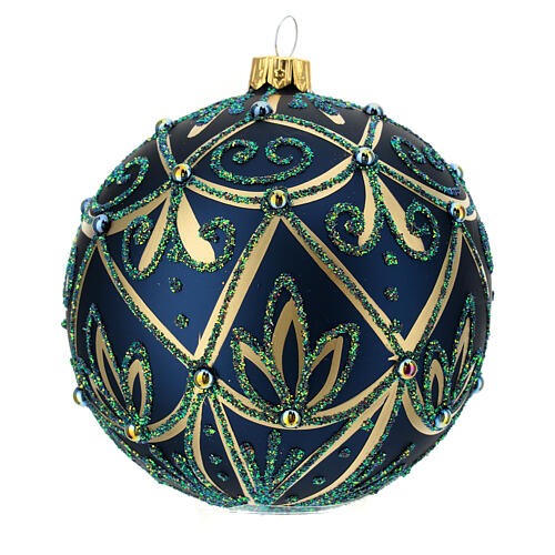 Bola vidro soprado árvore de Natal azul, verde e ouro 100 mm 3