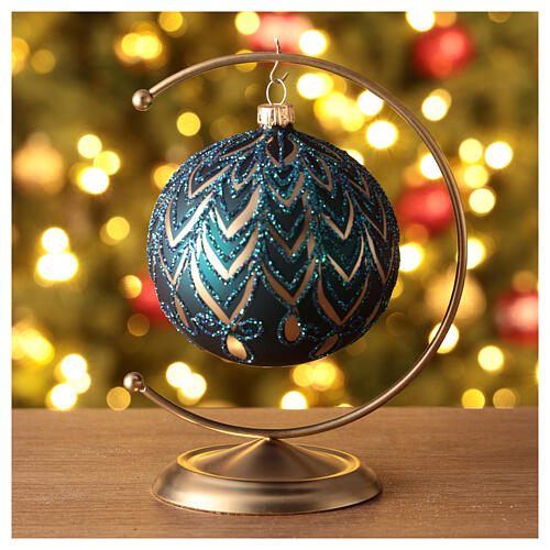 Bola vidro soprado árvore de Natal verde decoração dourada e glitter 100 mm 2