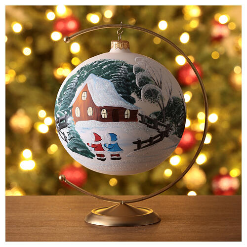 Blown glass Christmas ball, matte white, landscape and frozen lake, 150 mm 2