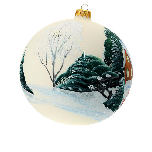 Blown glass Christmas ball, matte white, landscape and frozen lake, 150 mm 3