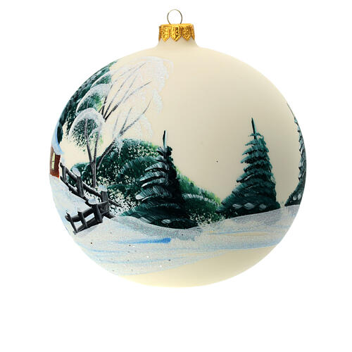 Blown glass Christmas ball, matte white, landscape and frozen lake, 150 mm 4