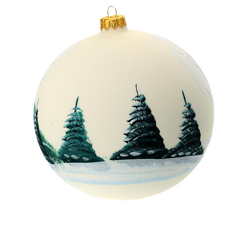 Blown glass Christmas ball, matte white, landscape and frozen lake, 150 mm 5