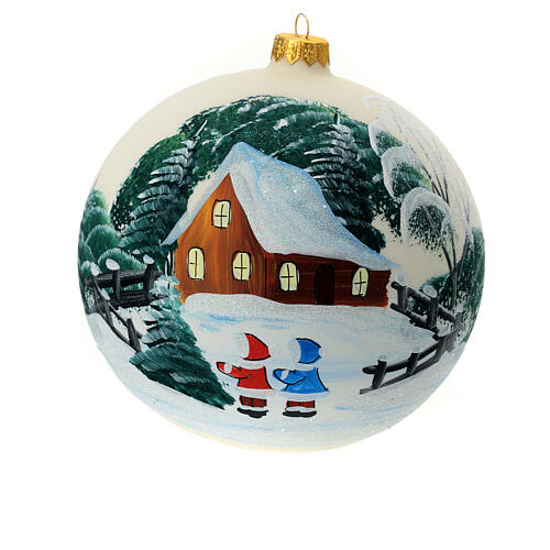 Boule de Noël blanche dessin enfants dans paysage enneigé verre soufflé 150 mm 1