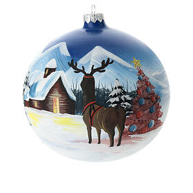 Blown glass Christmas ball, matte light blue, snowy landscape with reindeer, 150 mm