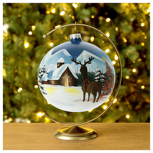 Blown glass Christmas ball, matte light blue, snowy landscape with reindeer, 150 mm 2