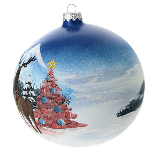 Blown glass Christmas ball, matte light blue, snowy landscape with reindeer, 150 mm 3